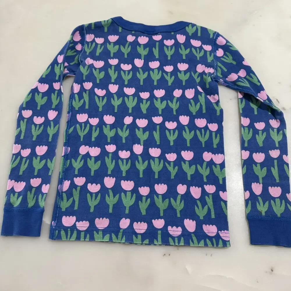 Hanna Andersson Pajama Top Girls 6-7 Blue Pink Tulips Flower Long Sleeves Cotton